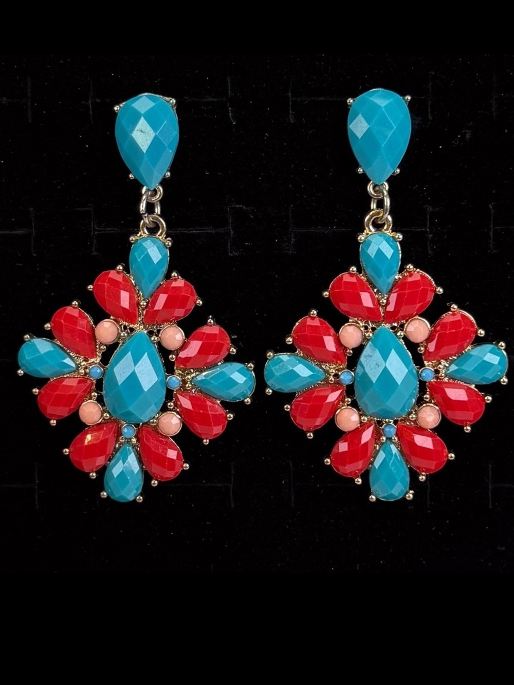Beautiful weighted, red, blueish green tone, costume, pierced vintage earrings